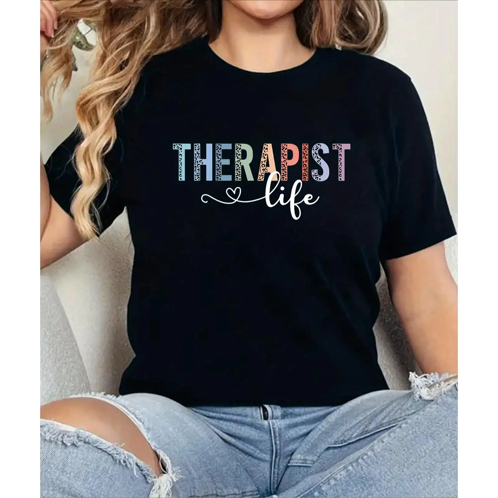 

Women's Casual Therapist Life Graphic T-Shirt - Short Sleeve, Vintage Style, Mental Health Awareness, Round Neck, Summer