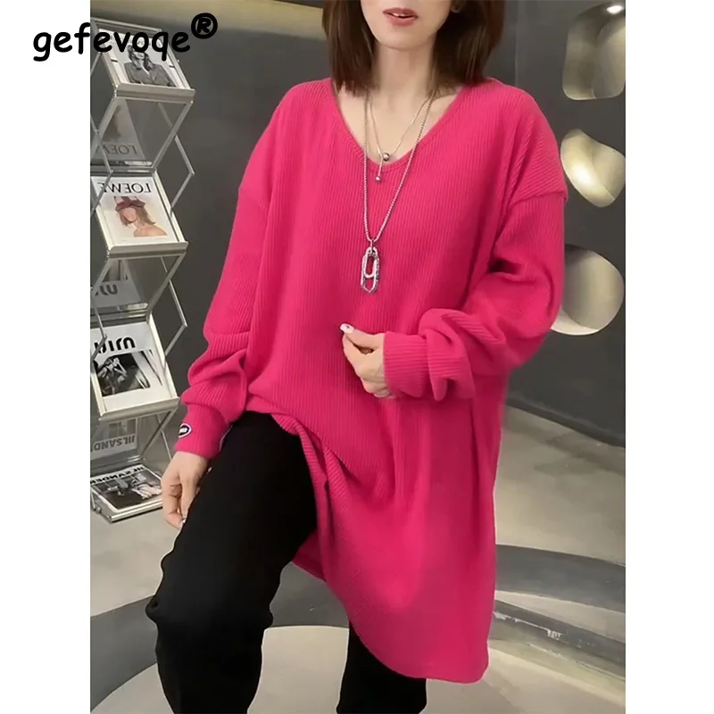 

Simplicity Clothes Spring Autumn New V-neck Loose Fit Pullover Tees Womens Lazy Style Solid Color Long Sleeved Medium Length Top