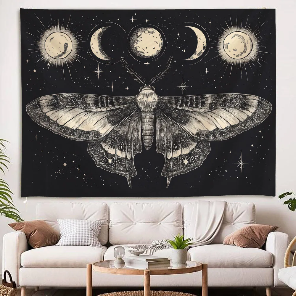 Butterfly Moon Phase Art Tapestry Bohemian Style Wall Hanging Cloth Plants Animals Home Dormitory Aesthetic Mural Decoration
