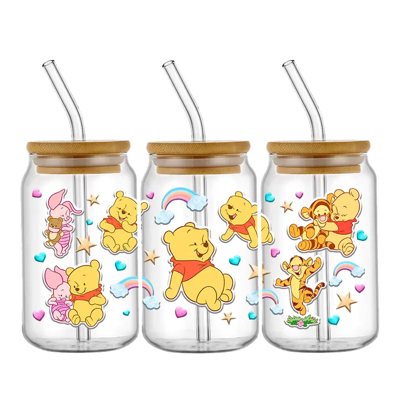 Autocollants de transfert 3D Disney Winnie l\'ourson UV DTF tasse ronde, 16oz Libbey verre bière auto-adhésif étanche adhésif en continu