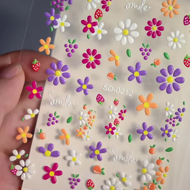 

5D Exquisite Flower Nail Sticker 1sheet Colorful Floral Nail Decal 8*10cm Self-adhesive Luxurious Daisy Nail Art Sticker Decor