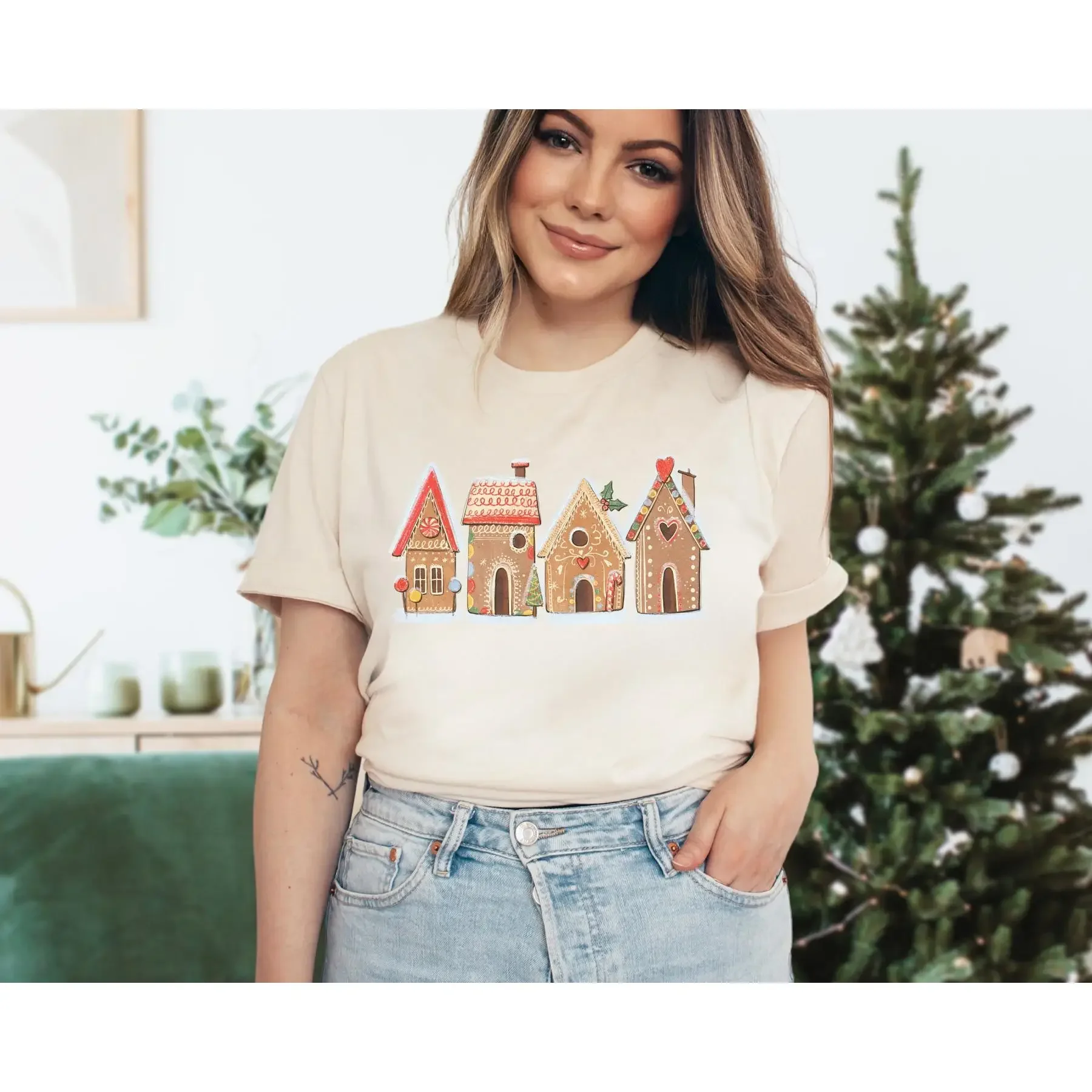 

Пряничный домик футболка печенье Холли желе Рождество омела ретро колокольчики милый рождественский