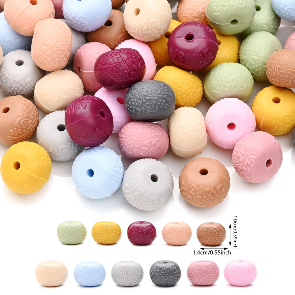 5Pcs Embossed Flat Round Silicone Beads Creative Wheel Beads for Diy Crafts Jewelry Making Bracelet Phone Chain Accessories