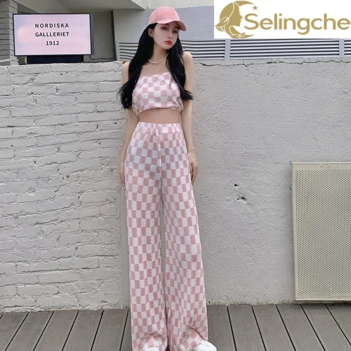 2024 Summer New Spicy Girl Short Sexy Bra Open Waist Tank Top with Checkered Pleats Comfortable Casual Women's Wide Leg Pants