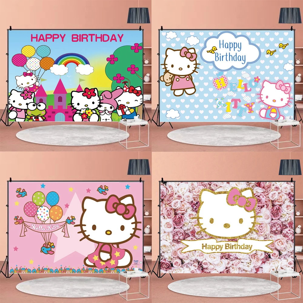 

Hello Kitty Kids Birthday Backdrop Customized Photo Name Happy Birthday Party Baby Shower Kitty Background Vinyl Studio Props