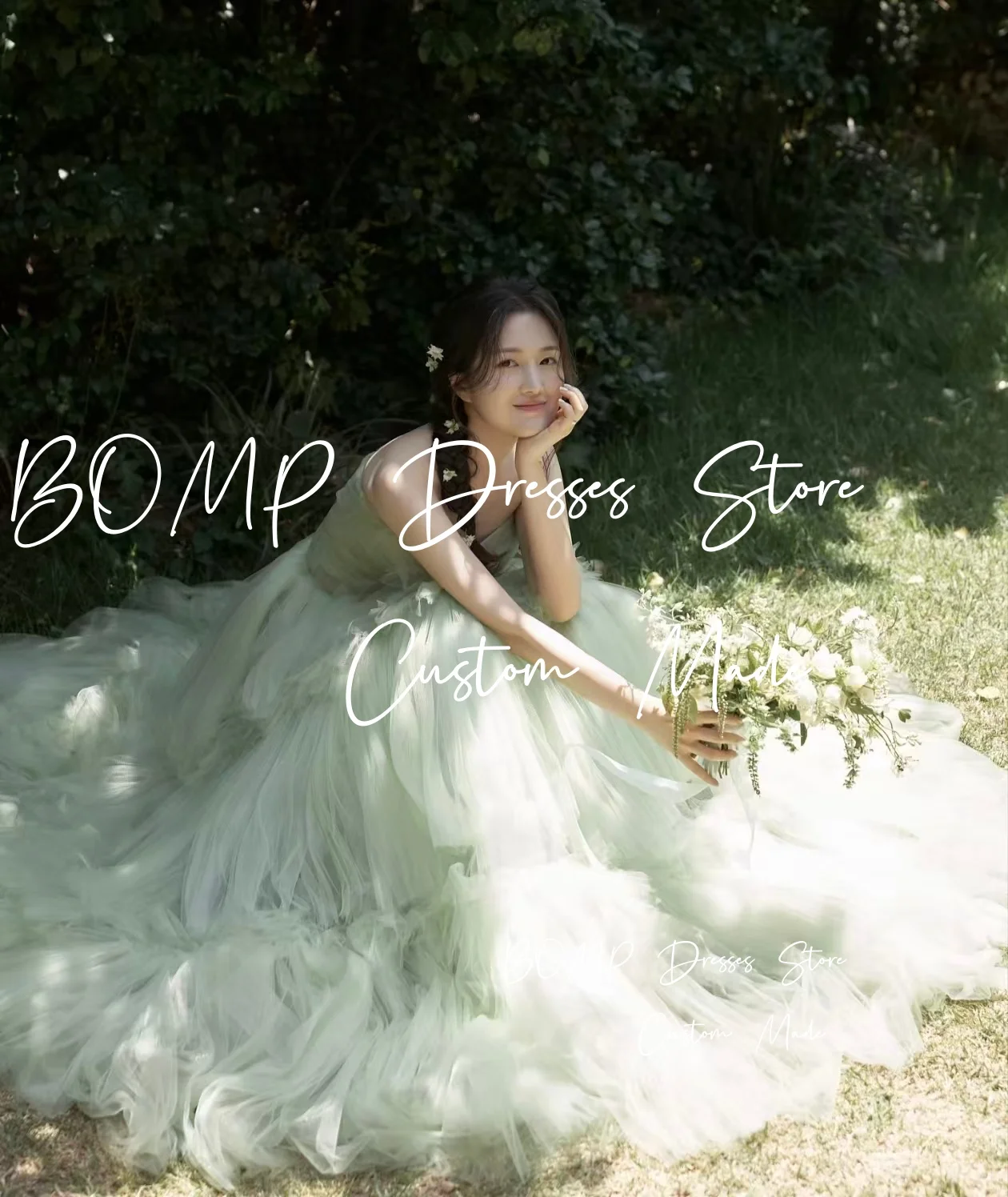 BOMP Fata Verde Abito da cerimonia nuziale Sweetheart Drappeggiato Sweep Train A-Line Tulle Corea Servizio fotografico Abito da sposa Personalizzato Dende