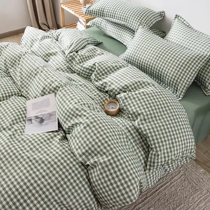 Simple Bedding Set Plaid Sold Color Single Queen Size Duvet Cover No Filling Boys Girls Flat Sheet Pillowcase Kit