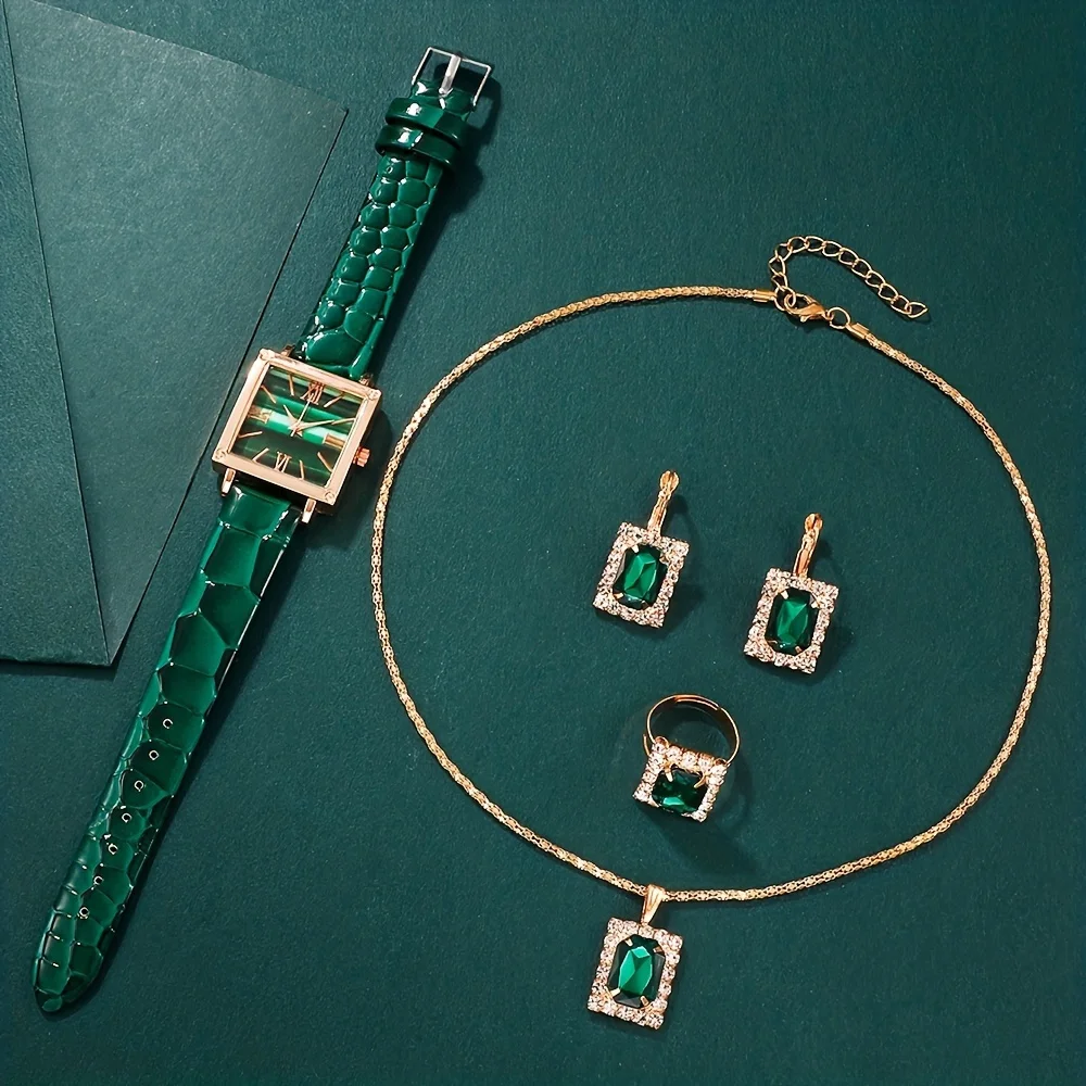 5pcs/set Women\'s Watch Vintage Square Pointer Quartz Watch Analog Green Wrist Watch & Rhinestone Jewelry Set, Gift For Mom Her