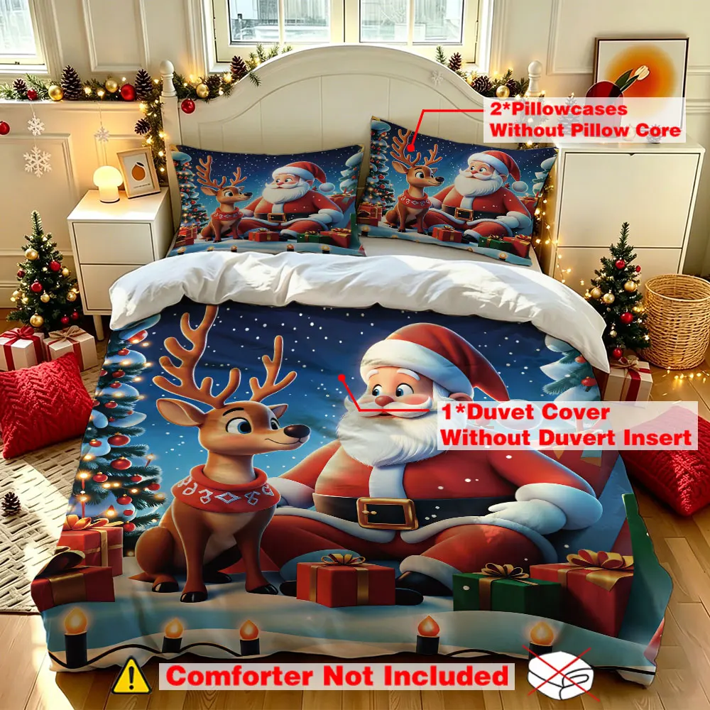 Santa Claus Reindeer Duvet Cover Set 3 Piece Queen Size Soft Cozy Bedding Winter Holiday Decor Gift for Family