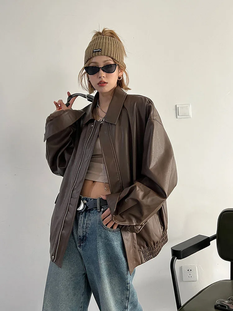 جاكيت نسائي من الجلد الصناعي ، معطف بني للدراجات النارية ، ملابس خروج كورية فضفاضة للشارع ، ربيع وخريف للإناث ، جديد ، عتيق ،
