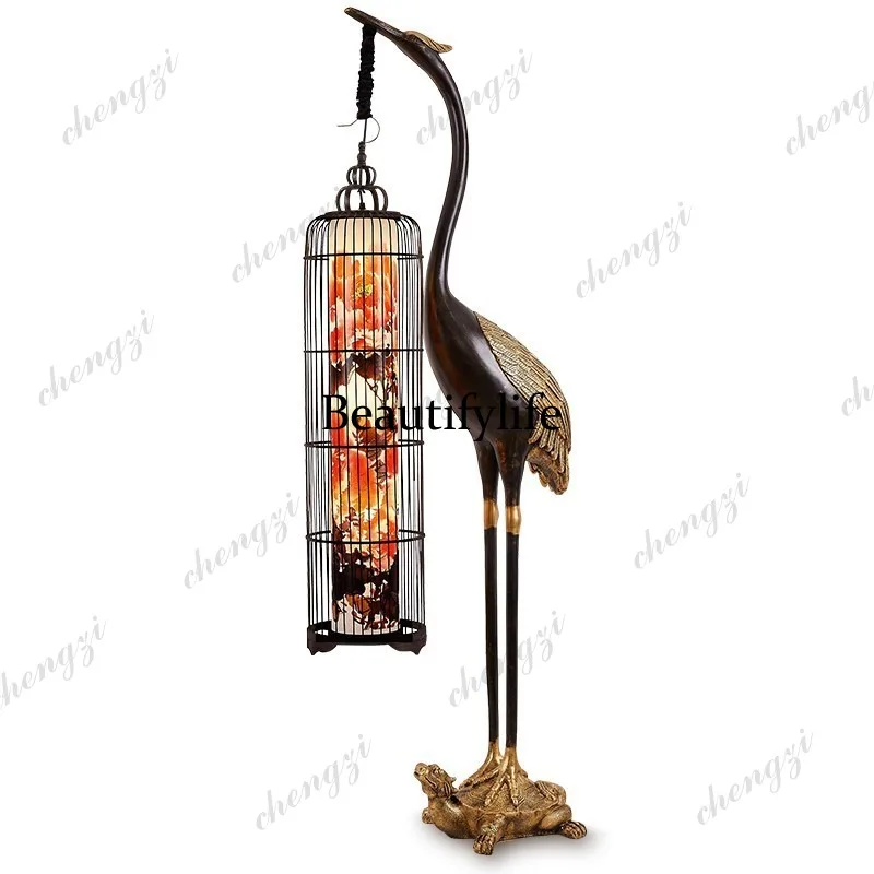 A74 new Chinese floor lamp antique crane lantern Chinese style living room sofa vertical ornament wrought iron birdcage lamp