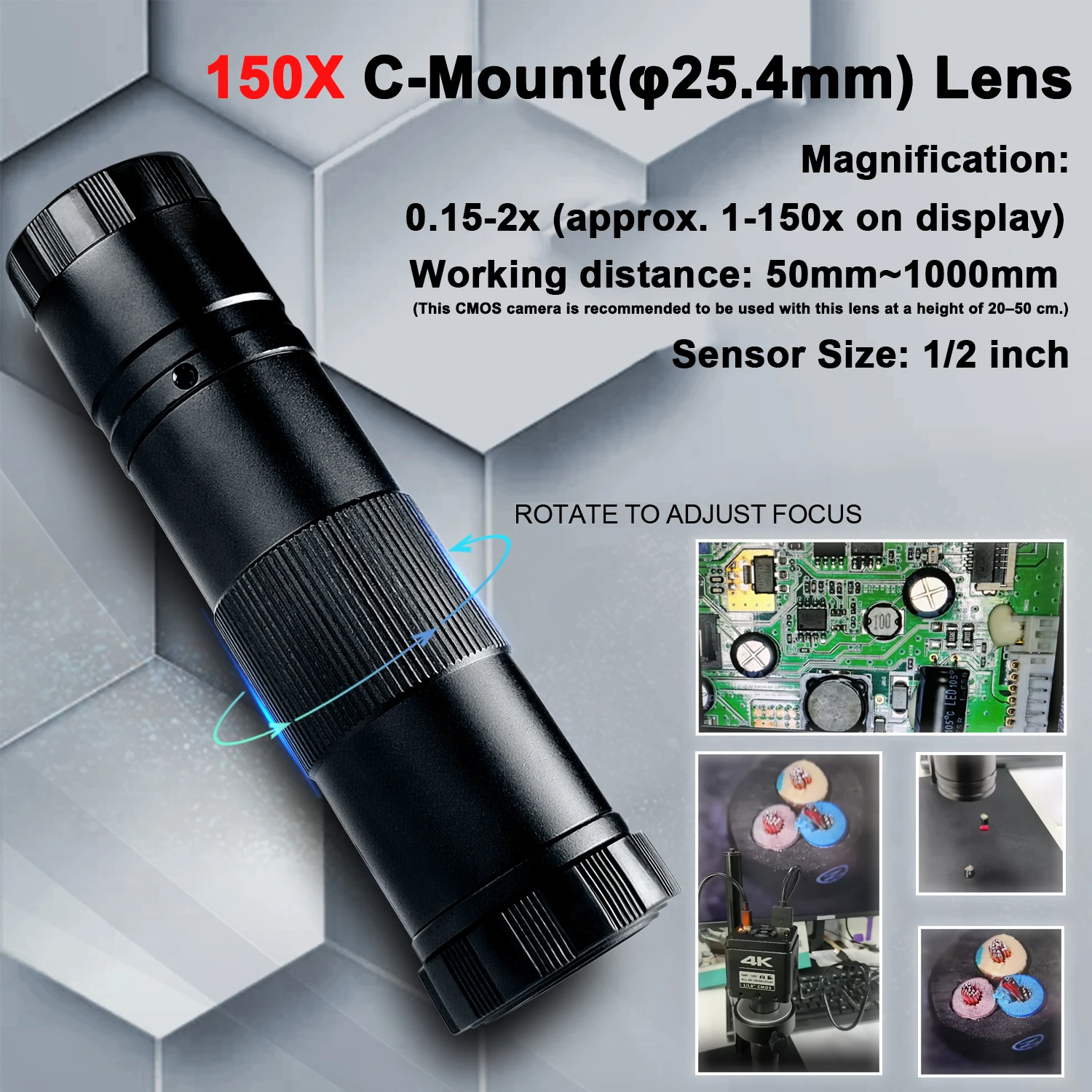 YIZHAN Magnification Adjustable 150X Focus C-Mount Lens With 0.5X 2X 0.3X Objective For Industrial Digital Microscope Camera