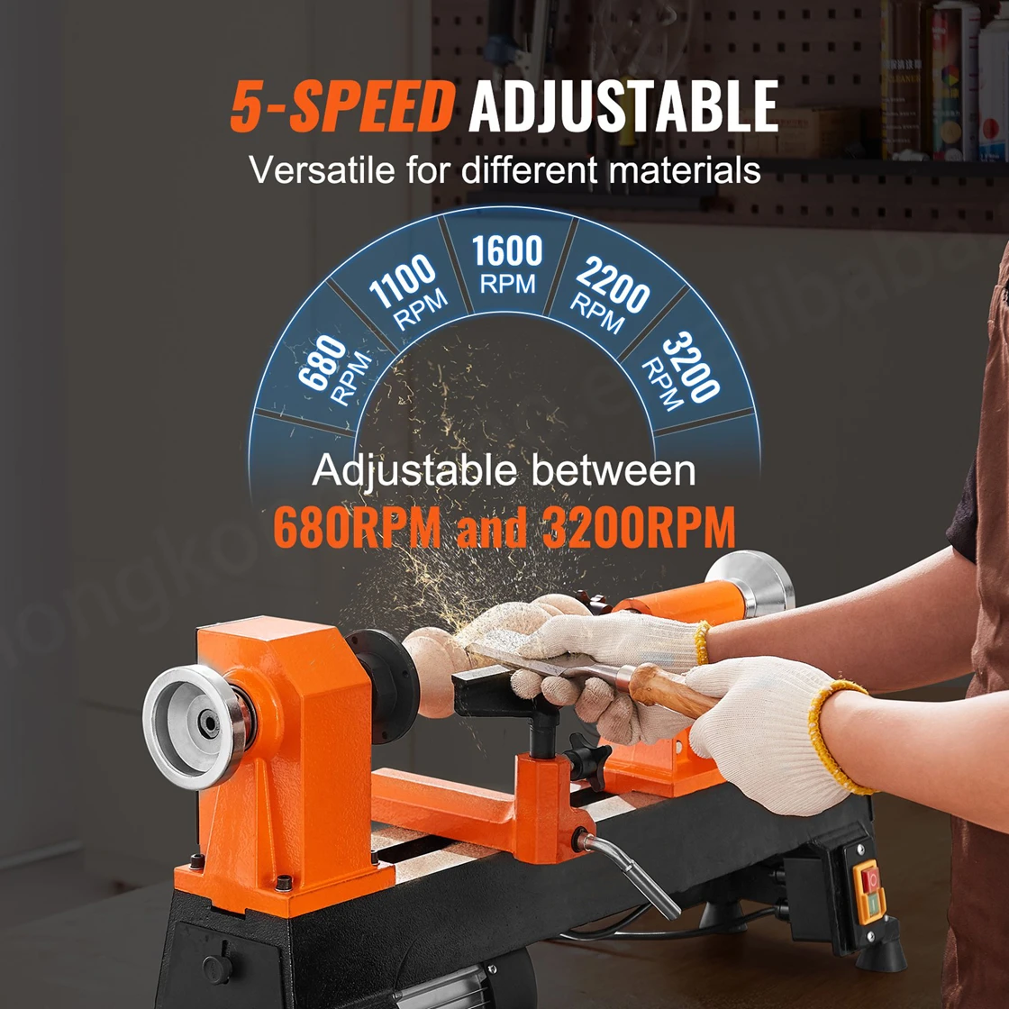 780/1320/1920/2640/3840 Variable Speeds Benchtop 10 In X 18 In 0.5 HP Wood Lathe 370W Power Wood Turning Lathe Machine view 4