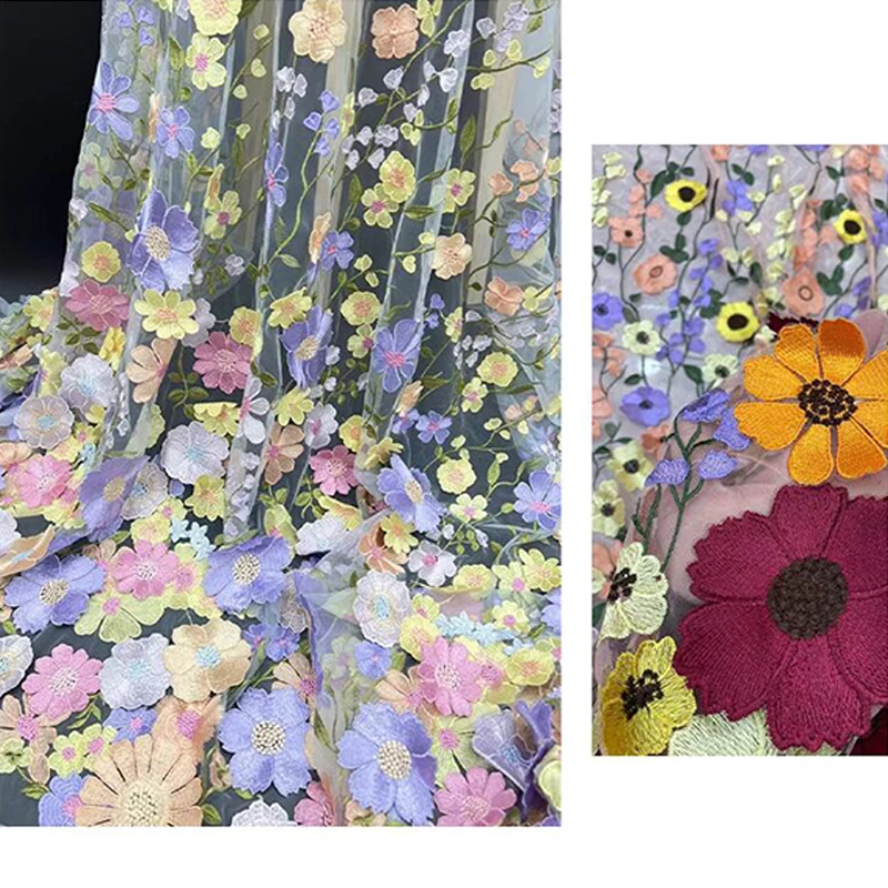 1 Yard Luxury 3D Floral Embroidered Mesh Lace Fabric Chic Sunflower Embroidery Tulle Fabric For Sewing Wedding Dress Cheongsam