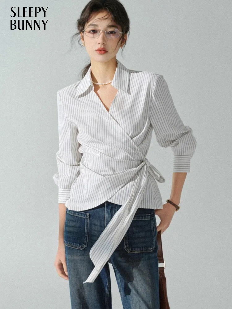 

Полосатая рубашка с запахом, женская блузка на пуговицах с длинным рукавом, облегающий топ с завязками на талии, осенняя офисная одежда, элегантный наряд с воротником с лацканами