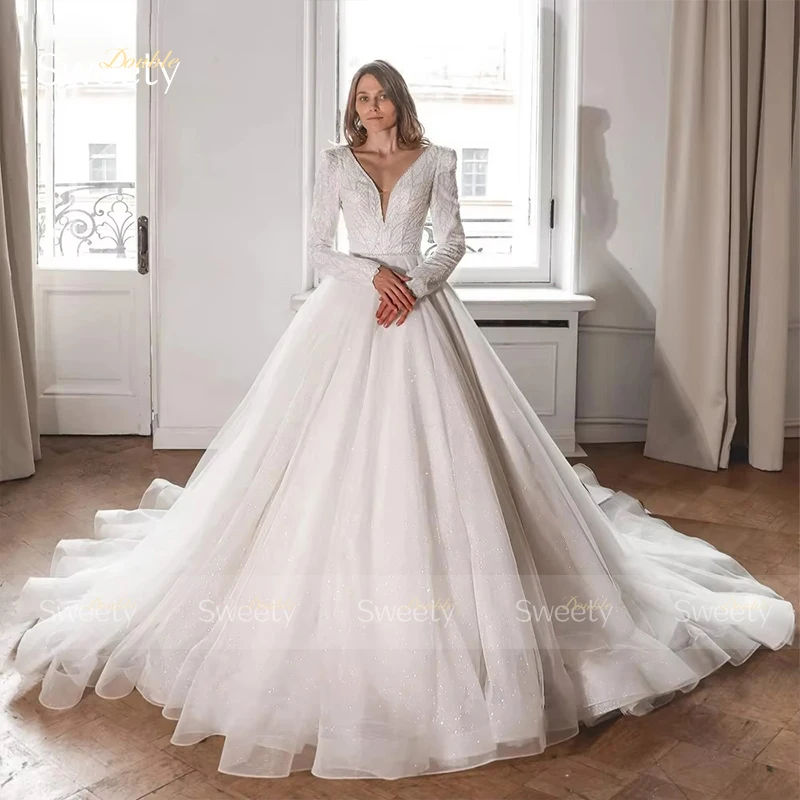 ZOCI Glitter Fully Beaded Wedding Dress With Beading Ball Gown Full Sleeve O-Neck Bride Dress Button Robe De Mariee Graceful  ﻿