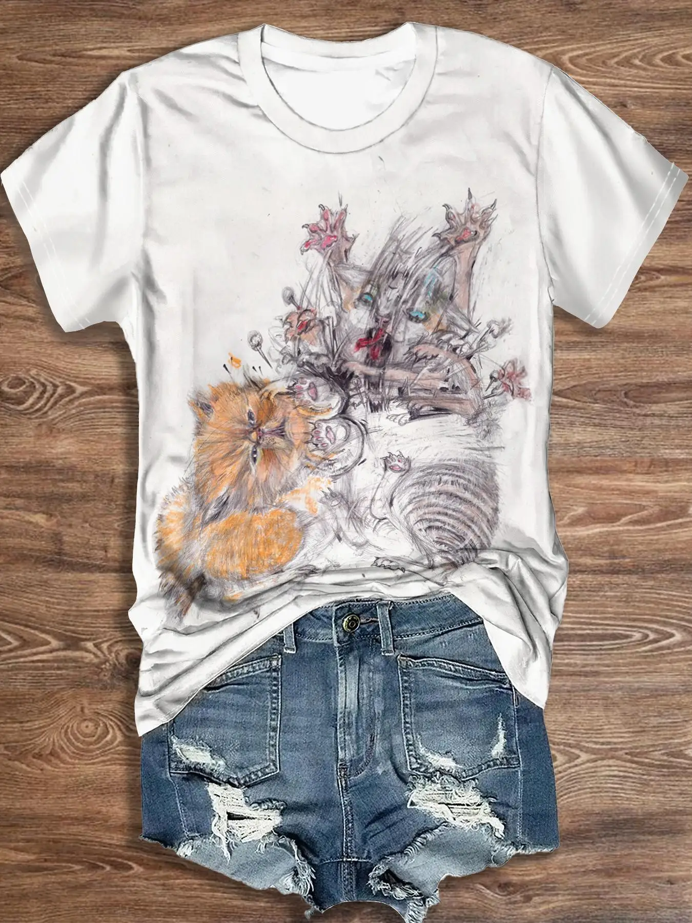 

Women's T-Shirts Top Short Pullover Sleeved Abstract Cat Print Fashion Leisure Style O-Neck Tee Shirt Female Everyday Clothing