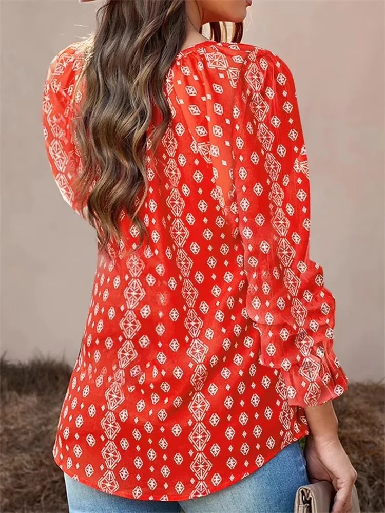 レディース 春と秋のフラワーシャツ レディース カジュアル 長袖 Vネック プリント トップス