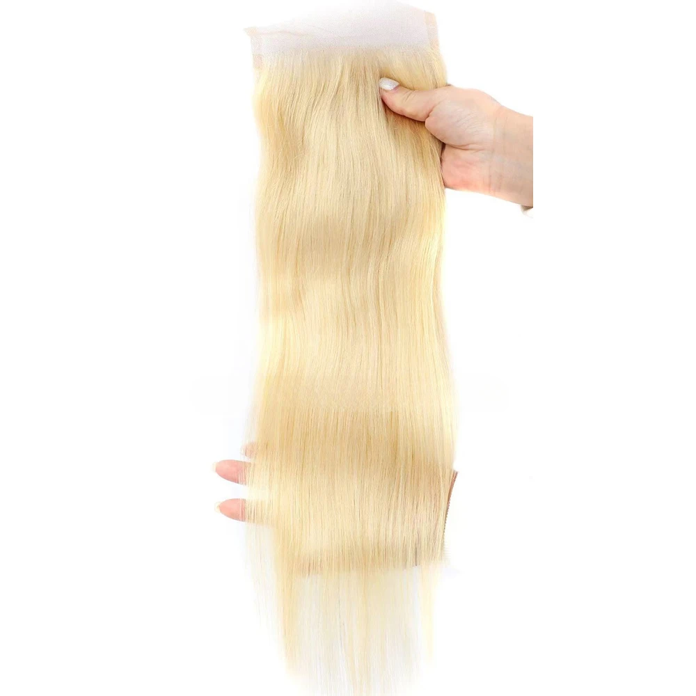 613 Blond 4x4 Vetersluiting Recht Echt haar Kantdeel Braziliaans maagdelijk haar 150% Haardichtheid Volledig uiteinde 10-22 inch