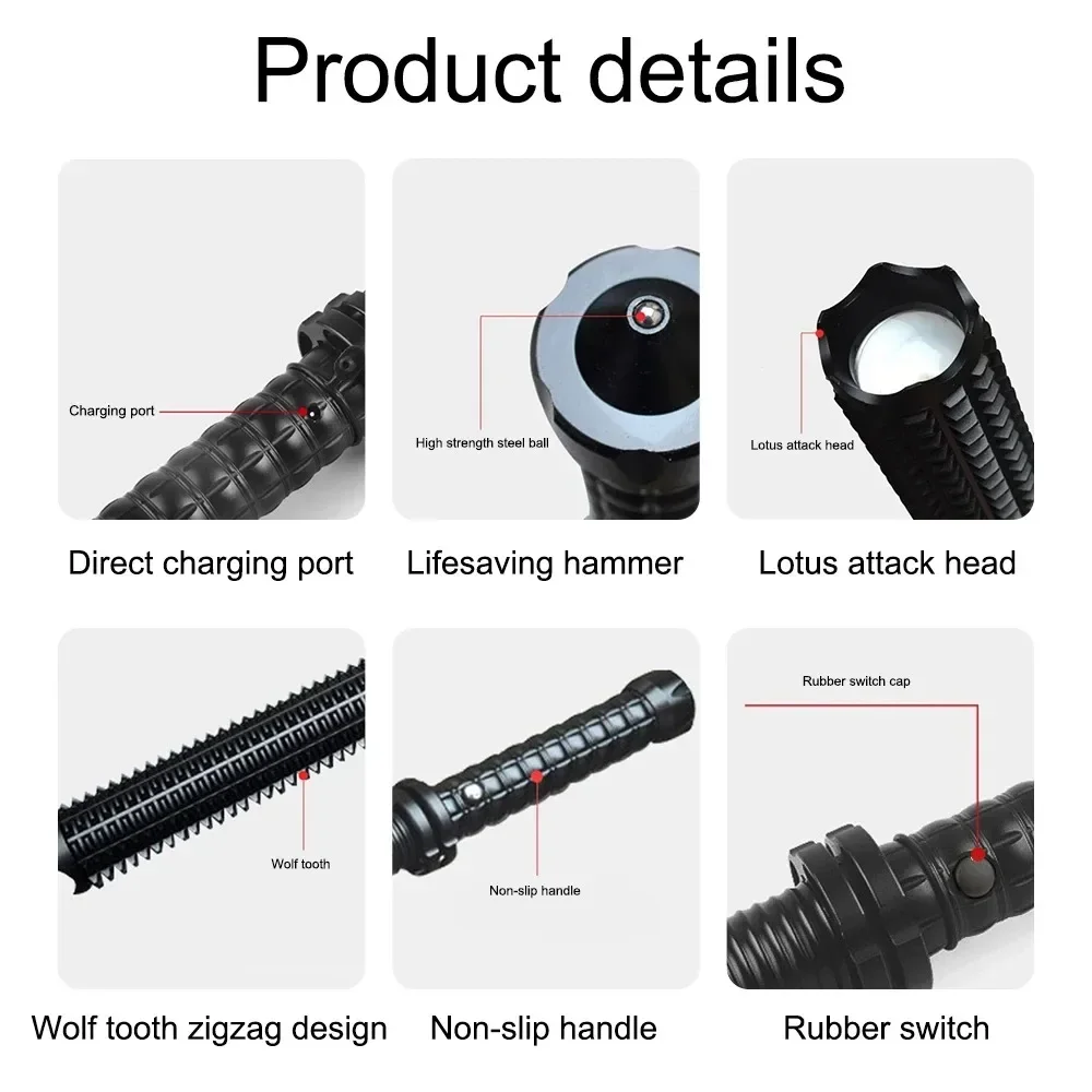 Baseball Bat LED Flashlight Rechargeable Retractable Baton Self Defense Torch Super Bright Mace Light Tactical Emergency Torch