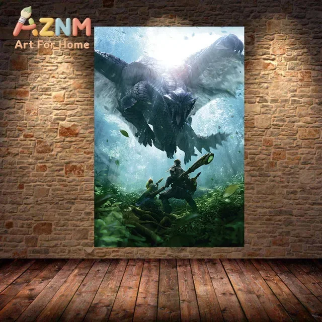 AZNM Monster Hunter Canvas Wall Art Fantasy Dragon Battle Game Art Frameless Print Poster for Gaming Room Home Decor