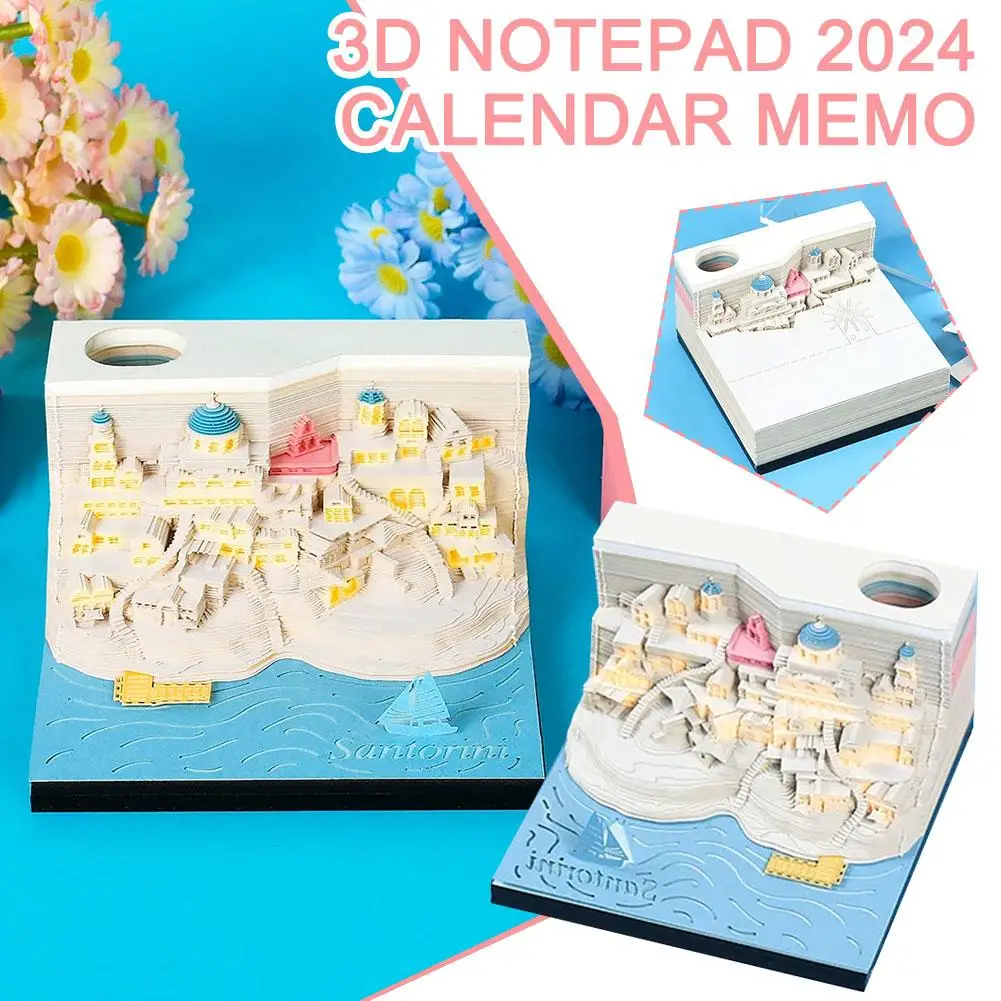 

2024 Calendar 3d Notepad Block Santorini 3d Art Calendar Paper Desk Light With Pad Memo Birthday Decor Notes Gift Led G7x7