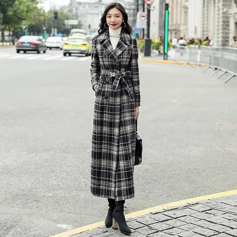 

Woolen Coat Women 2023 Autumn Winter New Temperament Slim Versatile Wool Jacket Female Large Size Long Over Knee Plaid Outerwear