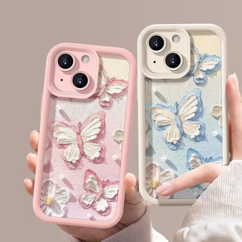 Simple Oil Painting Butterfly INS Blue Pink Phone Case For iPhone 16 15 14 13 12 11 Pro Max XR XS MAX 7 8 PLUS MINI Y2K Cover ﻿