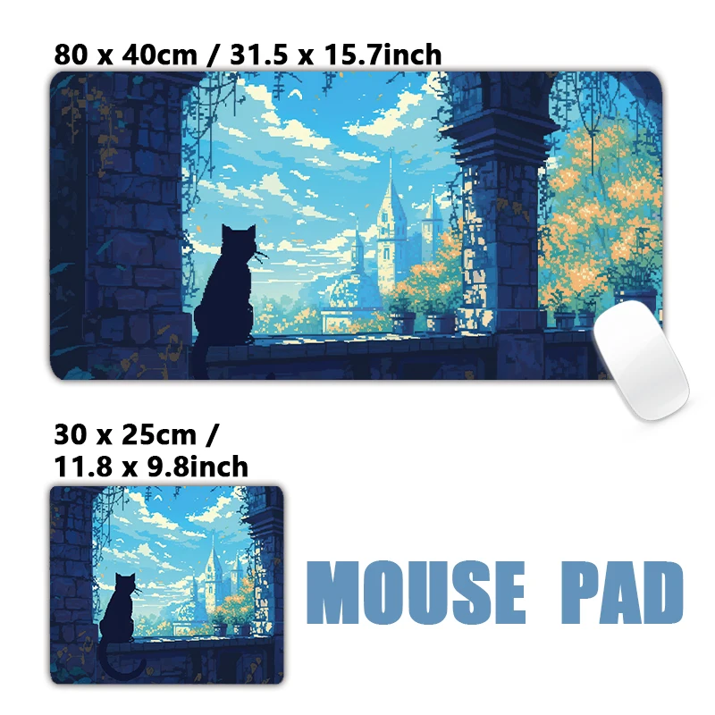 Pixel Art Style XXL Computer Laptop Mousepad Japanese Cat Cute Cartoon Desk Mat  Locking Edge Mouse Mat