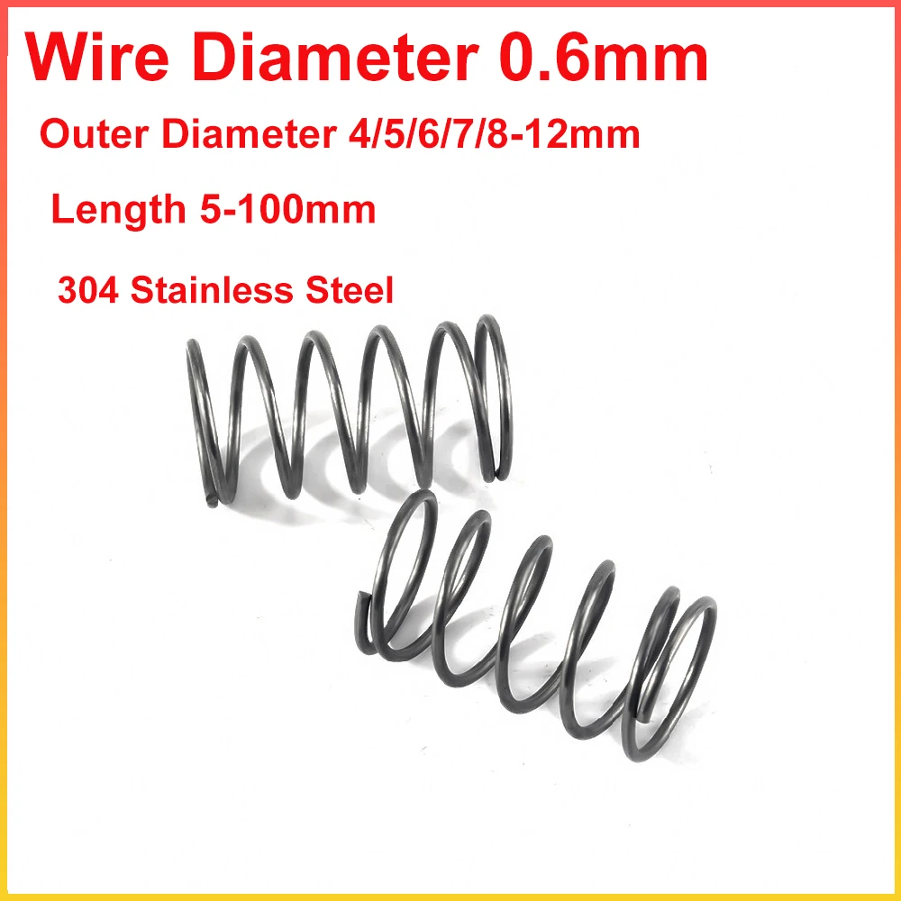 Wire Diameter 0.6mm 304 SS Compression Spring Outer Diameter 4/5/6/7/8/9-12mm Small Return Spring Length 5-100mm