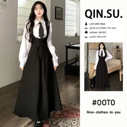 Sweet College Style Waist Cinched Mid Length Suspender Dress Women's Versatile Long Sleeved Shirt Two-piece Set