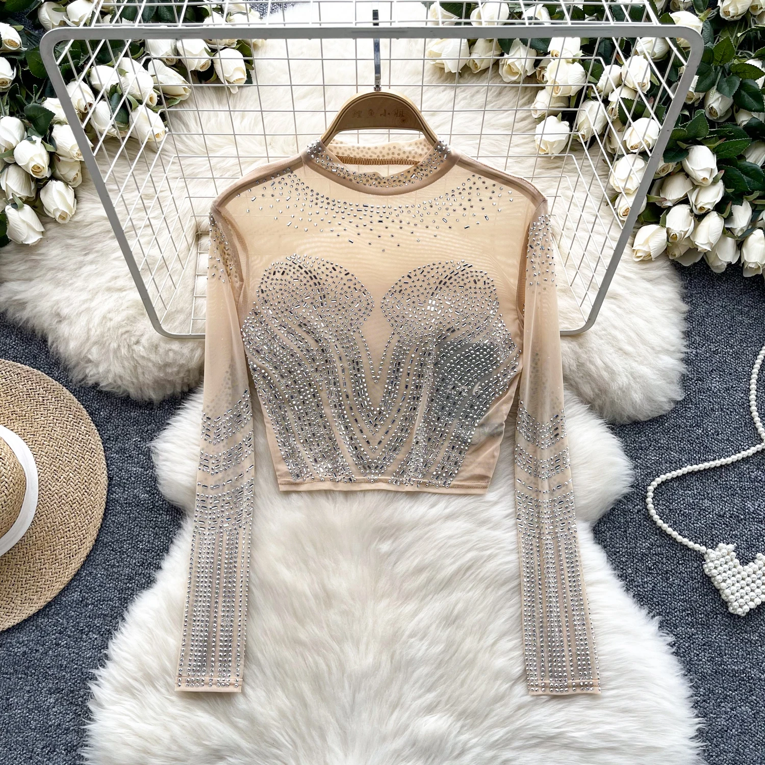 Donne Chic o collo manica lunga garza strass solido sottile Sexy coreano t-shirt moda estate donna Casual