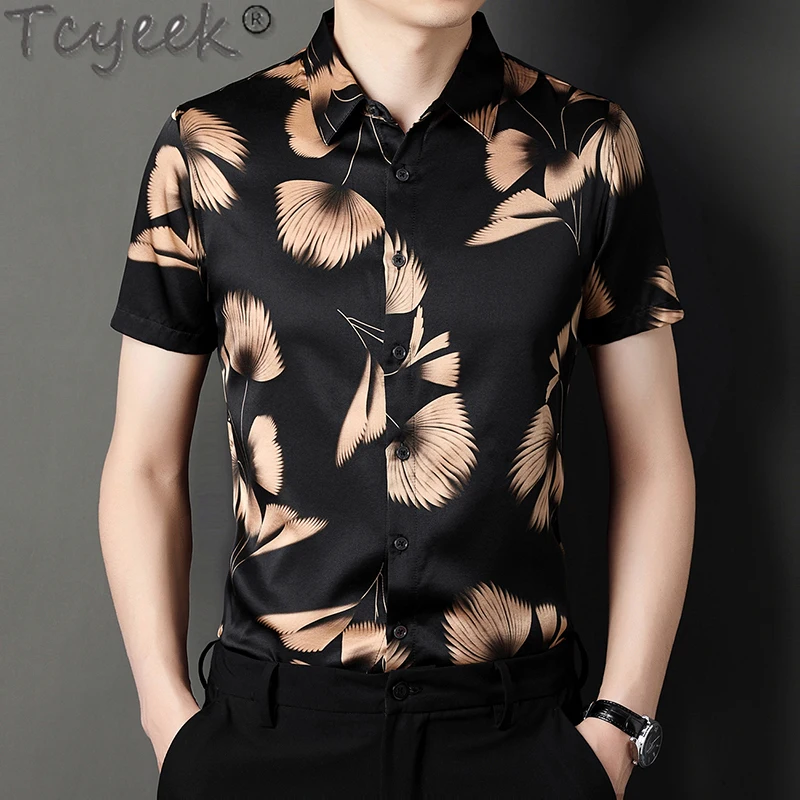 Tcyeek 92.4% Mulberry Real Silk Shirt Short Sleeve Mens Shirts Fashion Shirts for Men Summer Clothes Print 2024 Camisa Masculina