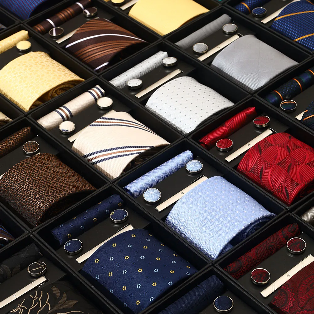 Hot Sale Holiday Gift Box For Men 8 cm Tie Handkerchief Cufflink Clip Set  Blue Print Wedding Present Fit Business