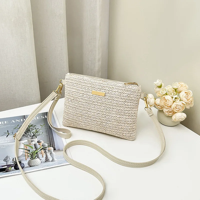 Bolso Bandolera de Paja Tejido a Mano Beige con Cremallera, Tipo Sobre, Correa Ajustable de PU, para Verano, Playa, Uso Diario, Hombro, Viaje, para Mujer