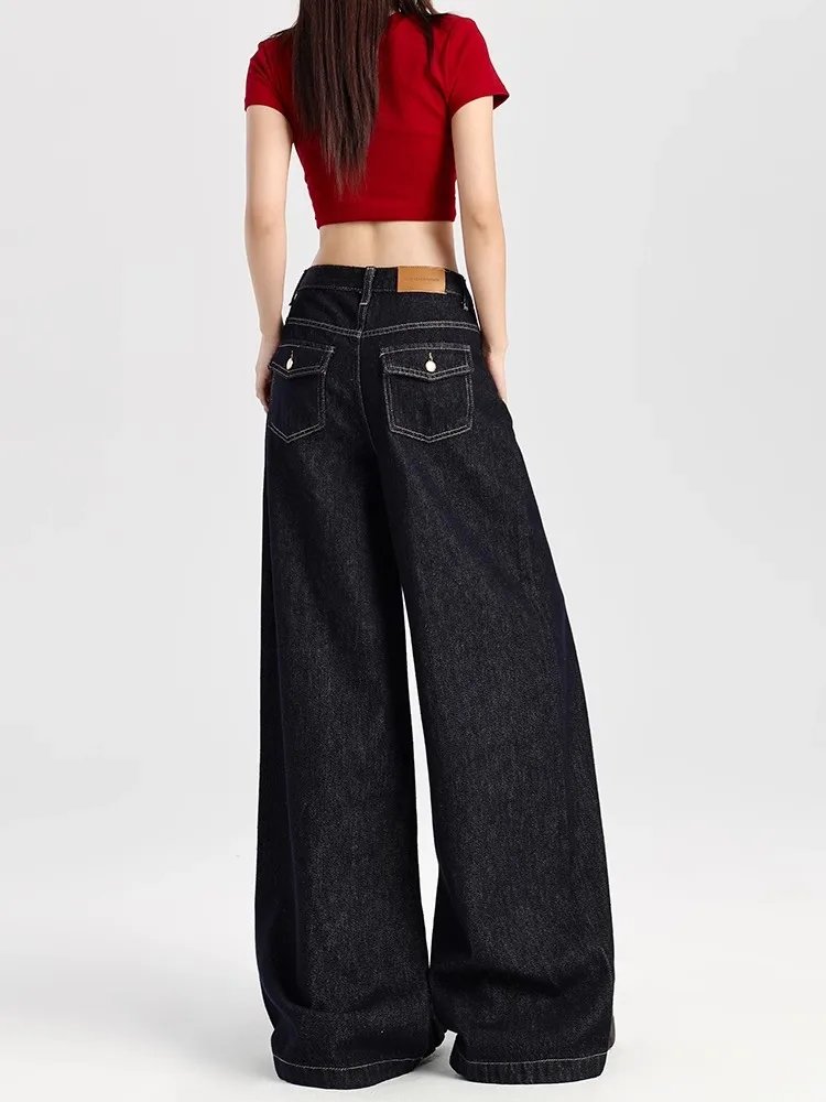 

Темно-синие американские ретро широкие джинсы, женские утягивающие драпированные брюки с высокой талией, свободные брюки длиной до пола, осеннее новое поступление