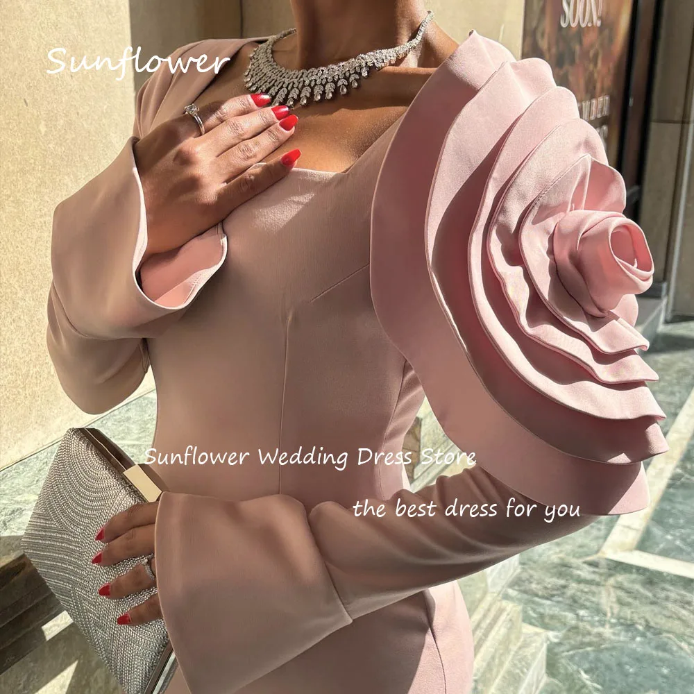 Sunflower Simple Pink Square Collar 3D Flowers Crepe Mermaid Prom dress 2024 Slim Long Sleeve Ankle-Length Formal Evening Dress