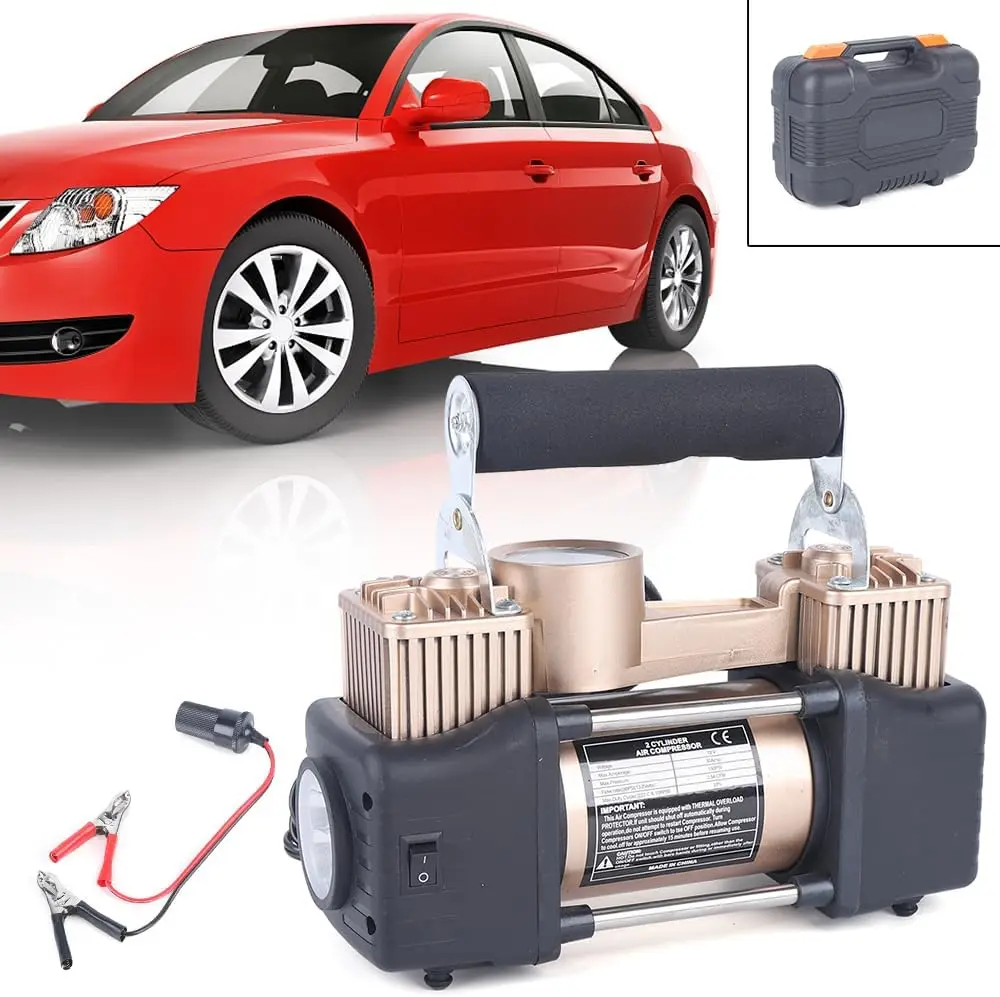 

Двухцилиндровый воздушный компрессор, сверхмощный двойной воздушный насос 12 В постоянного тока, 12 В, 150 фунтов на квадратный дюйм, накачивающий шины с цифровым манометром для автомобиля