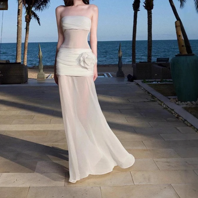 

Seaside Vacation Wind Perspective Mesh Tube Top Skirt Slim Temperament Long Skirt