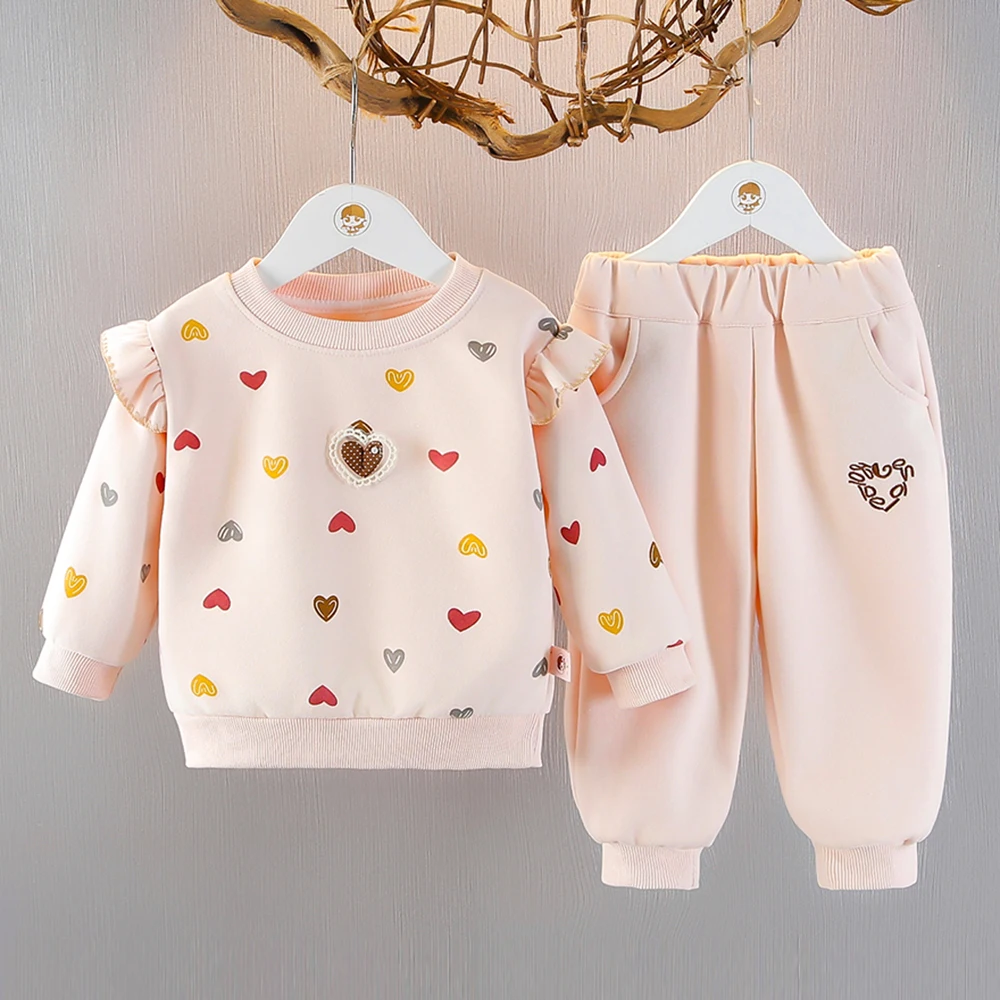 Girls Fly Sleeve Sweatshirt Pants 2Pcs Spring Colorful Heart Print Pullover Tops+Pants Kids Suit Casual Children Clothes Sets