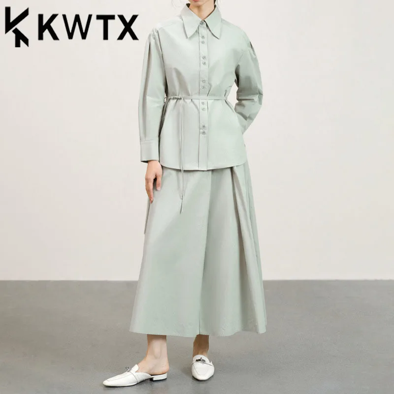 

KWTX 2 Piece Set Elegant Luxury Tie Blouse Top and Pleated Skirt Casual Spring Summer 2025 Stylish High Quality Designer
