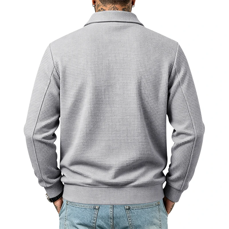 Herren Frühlings- und Herbstjacke aus Waffelstrick mit Reißverschluss, lässig, locker, leicht, mit Kragen, für den Alltag. – Detail 14