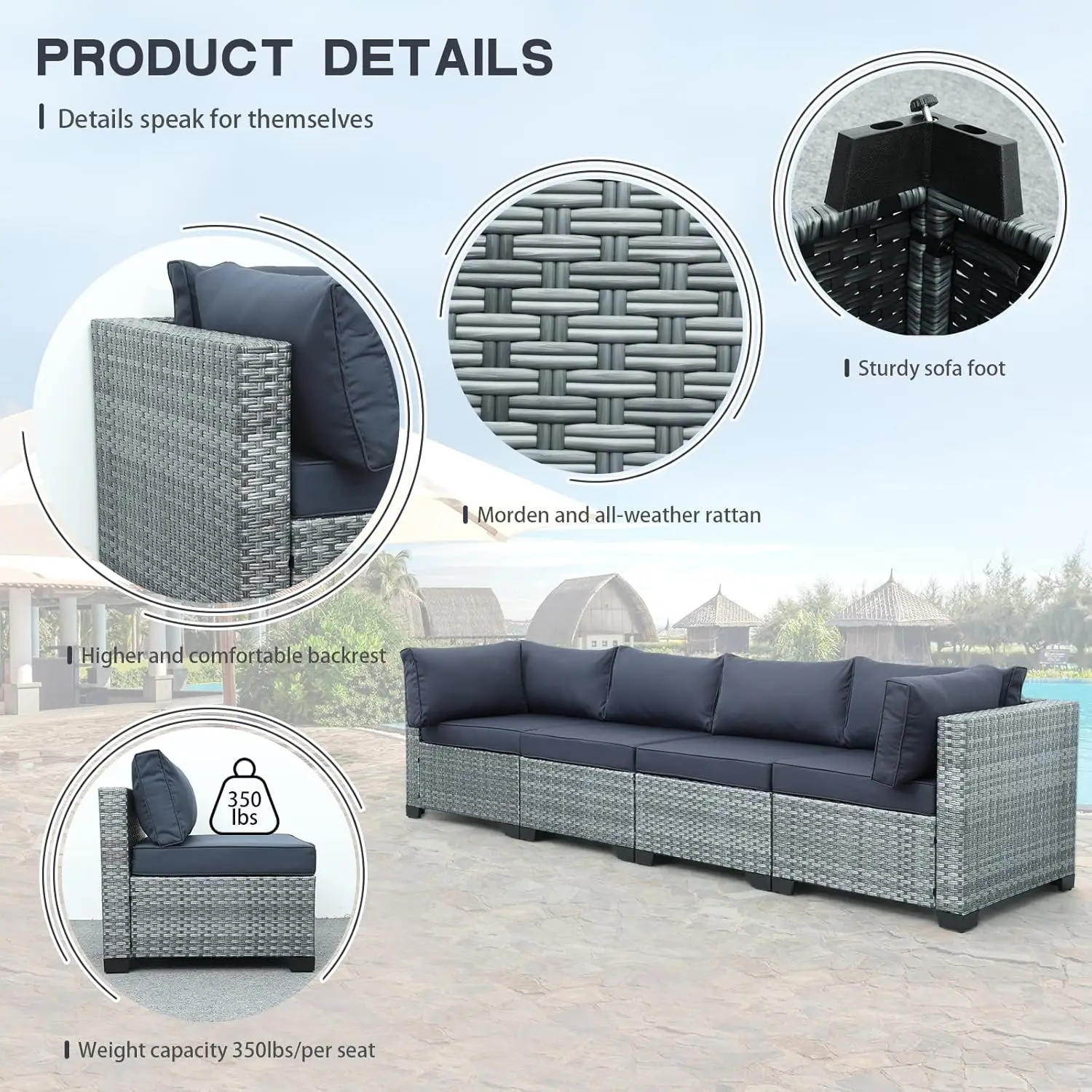 Valita-Pátio Rattan Móveis Set, Pátio ao ar livre Set, sofá de conversa de vime, cinza Rattan sofá secional com 30 "Gás Fire Pit, 5 pcs