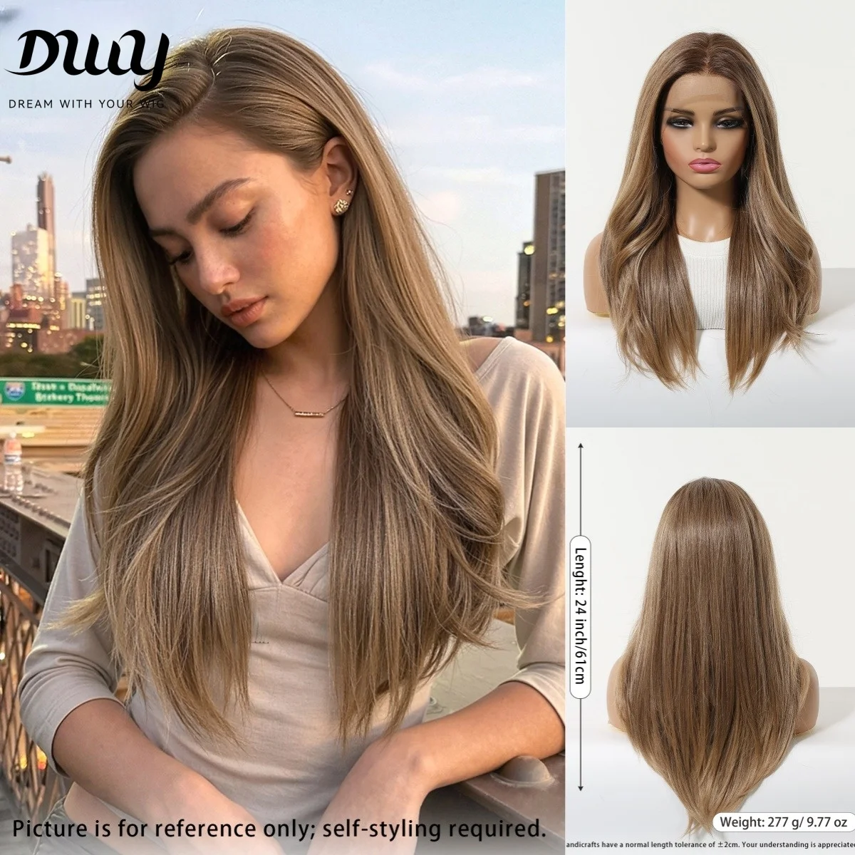 13x6 Lace Front Wig Long Straight Light Brown Ombre Synthetic Heat Resistant Fiber Natural Hairline Wig for Women Daily Party