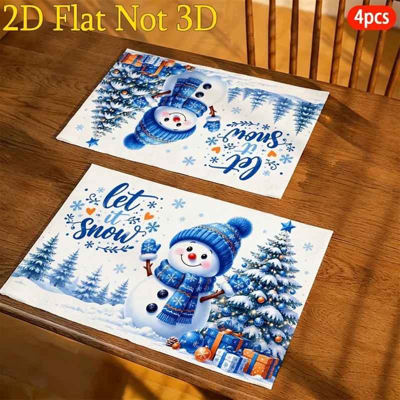 VIKAMA Christmas Linen Placemats, Blue Snowman Let It Snow Pine Tree, Washable Quick Dry, Festive Dinner Kitchen