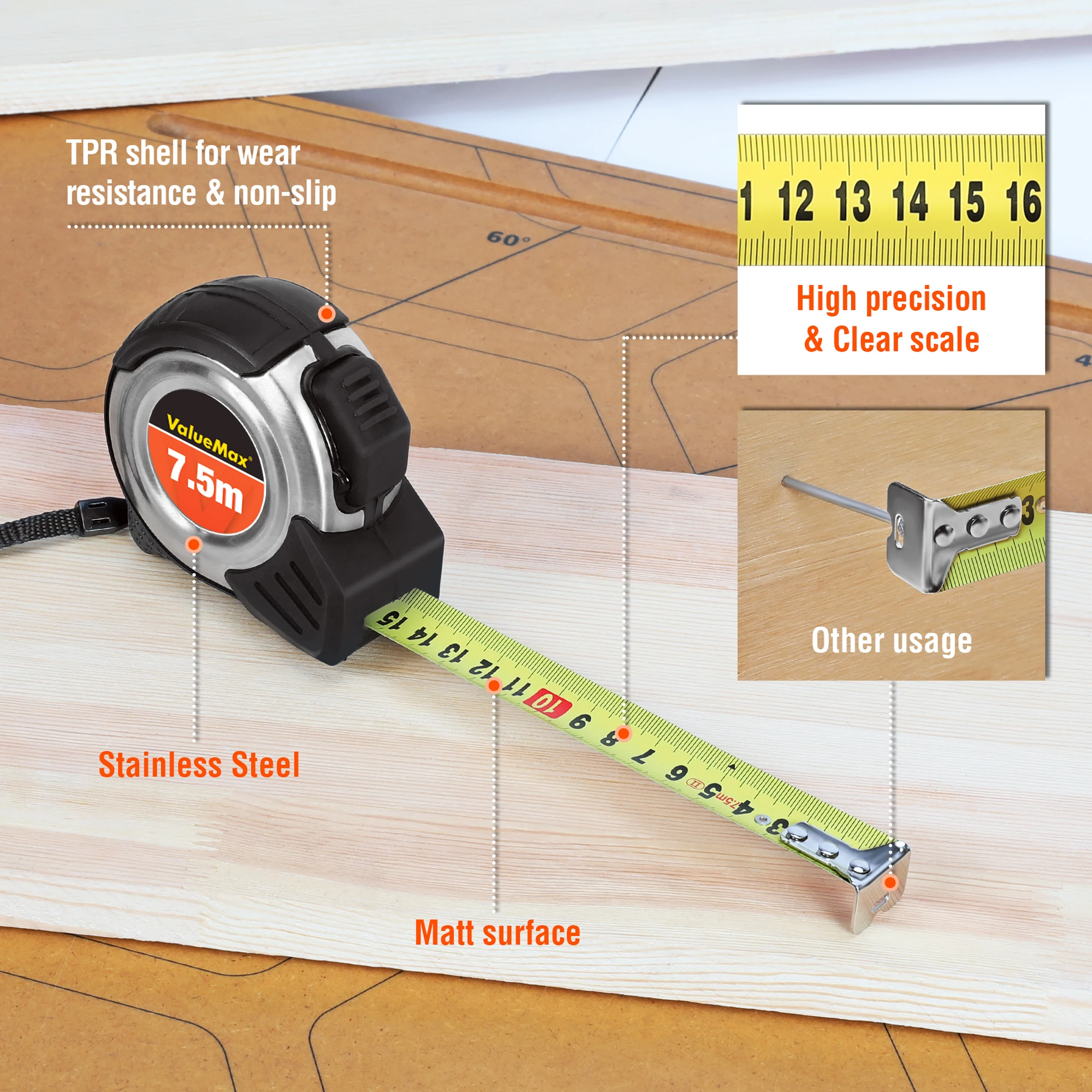 ValueMax 7.5M Metric Tape Measure Ruler Auto-Lock Retractable Distance Measurement Woodworking Measuring Tool