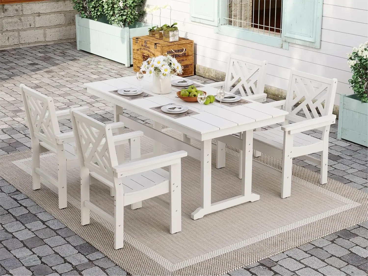 5-Piece HDPE Patio Dining Set for 4 with Umbrella Hole, All-Weather Table & Chair Set for Deck Backyard Garden, Customized