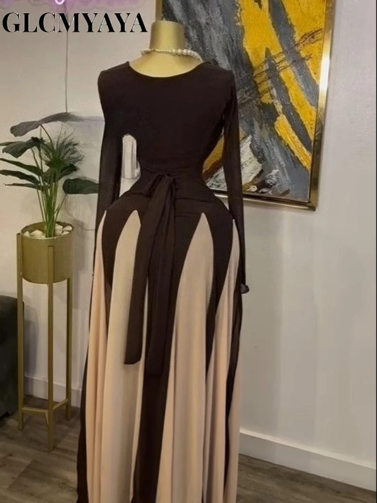 GLCMYAYA المرأة كم طويل ثنيات الجبهة ميدي ألف خط المرقعة ماكسي فستان طويل 2025 عطلة عطلة فساتين حفلة عيد ميلاد