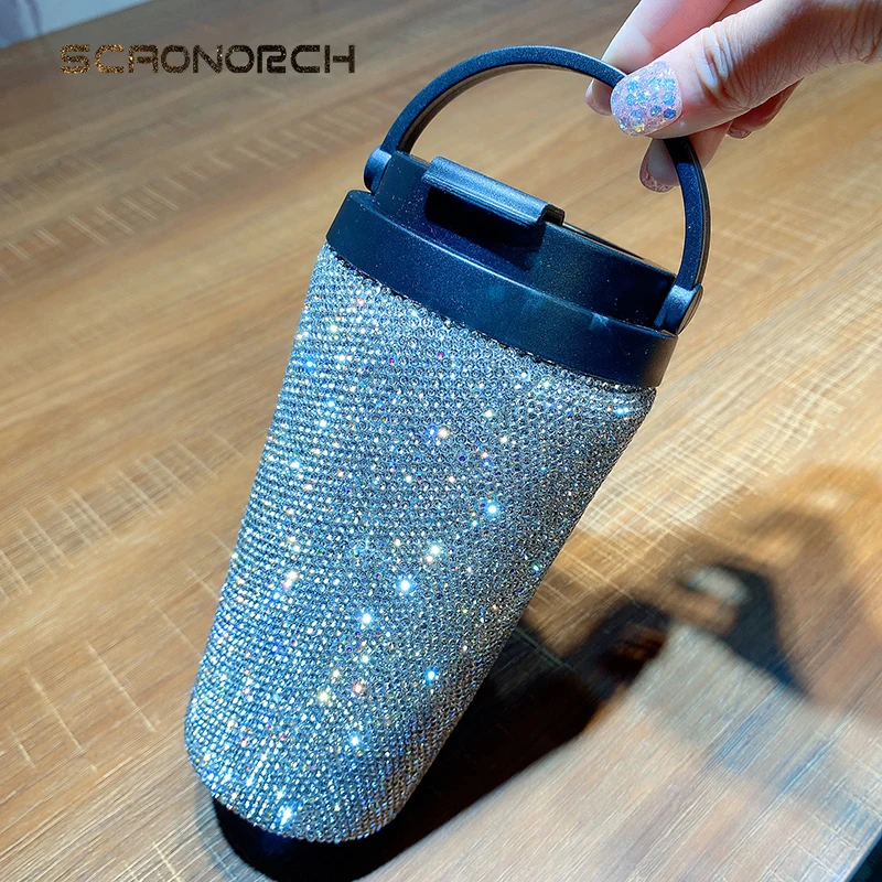 Handmade 16.9OZ Bling Coffee Cup Diamond Vacuum Thermos Water Bottle Car Tumbler Mug Stainless Steel Rhinestone Cups with Lid