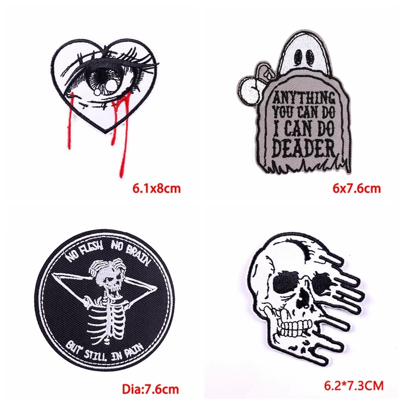 Prajna 10PCS Wholesale Skull Patch Iron-On Patches For Clothing Stripes Punk Embroidered Patches On Clothes DIY Clothes Stickers